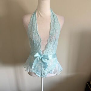 Dreamgirl Light Aqua Lace Halter Teddy with Satin Bow
